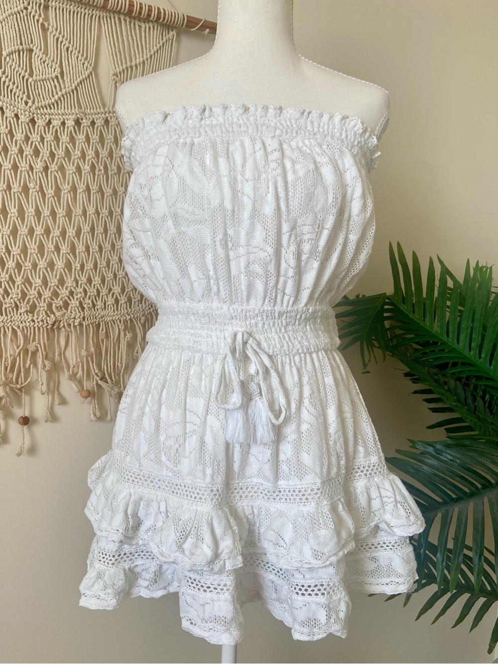 Surf Gypsy White Lace Strapless Cotton Crochet Eyelet Boho Beach Mini Dress M
